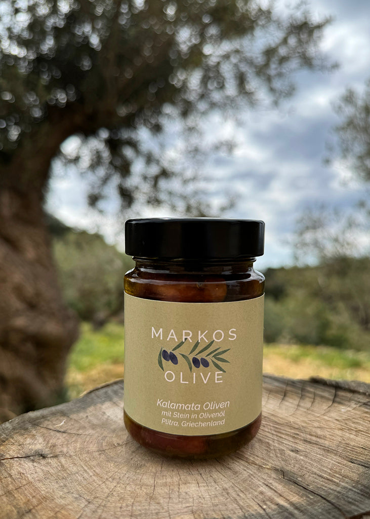 Kalamata-Oliven mit Stein in reinem Olivenöl – direkt vom Olivenbauer